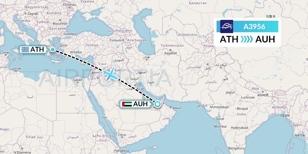 A3956 Aegean Airlines Flight Map: Athens to Abu Dhabi