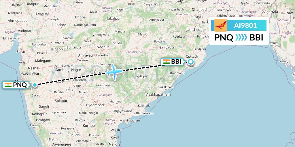 AI9801 Air India Flight Map: Pune to Bhubaneswar