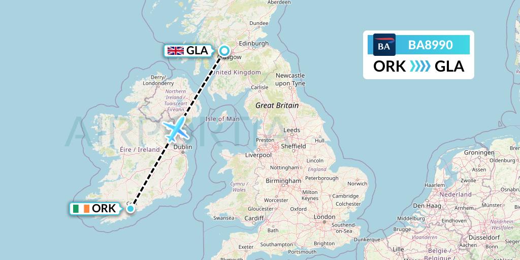BA8990 British Airways Flight Map: Cork to Glasgow