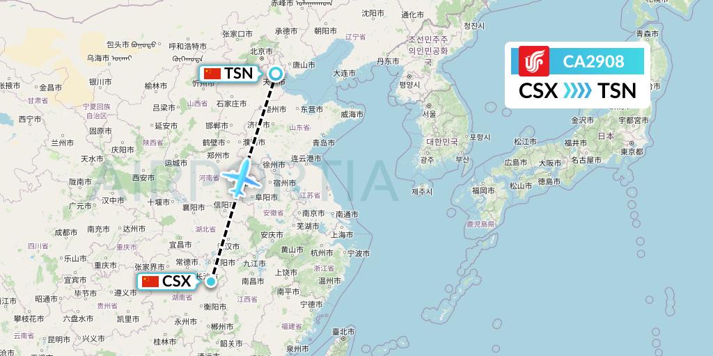 CA2908 Air China Flight Map: Changsha to Tianjin