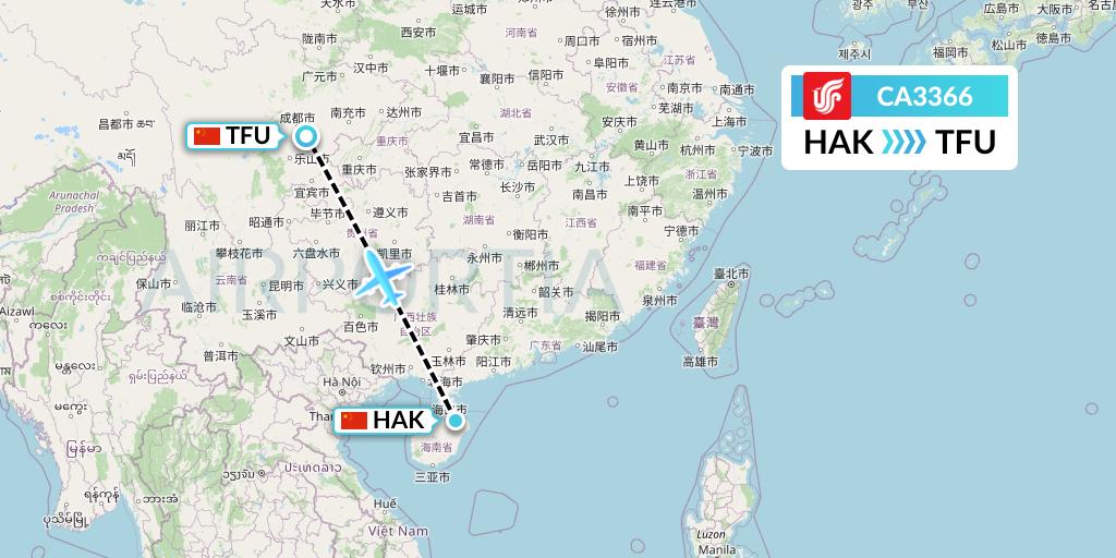 CA3366 Air China Flight Map: Haikou to Chengdu