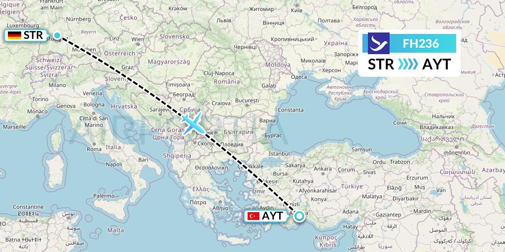 FH236 Freebird Airlines Flight Map: Stuttgart to Antalya