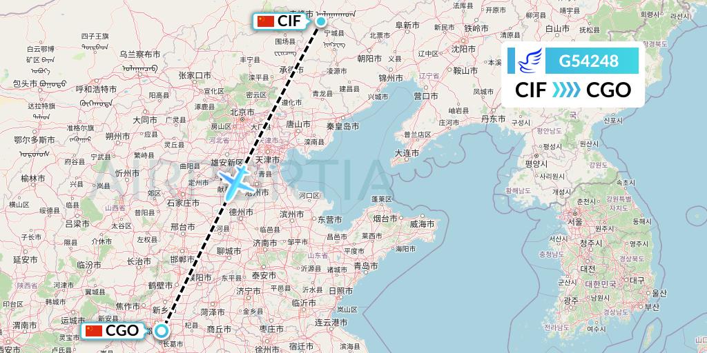 G54248 China Express Airlines Flight Map: Chifeng to Zhengzhou