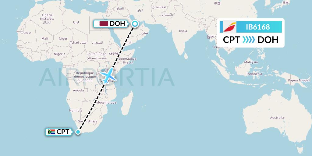 IB6168 Iberia Flight Map: Cape Town to Doha