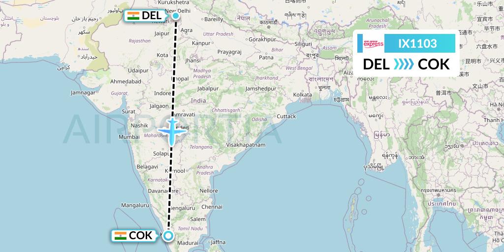IX1103 Air India Express Flight Map: Delhi to Cochin
