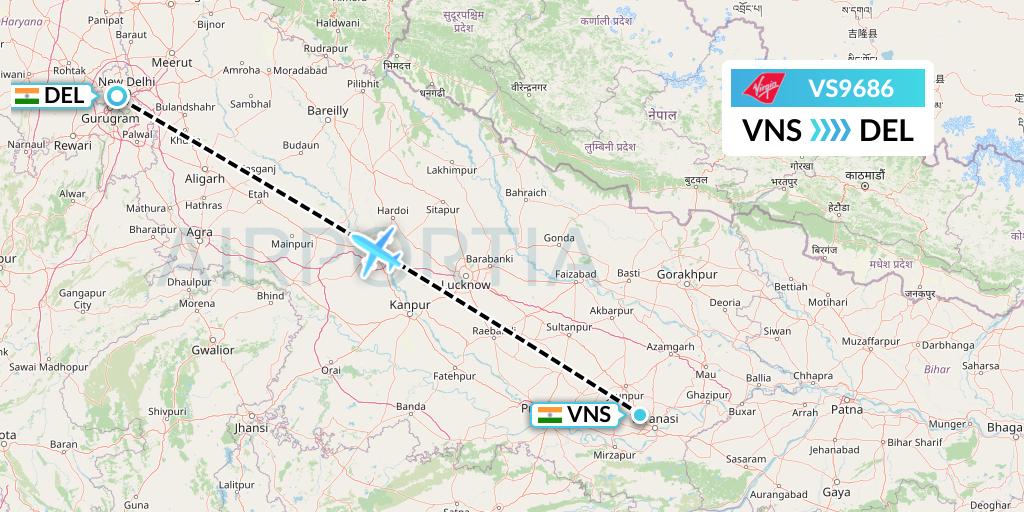 VS9686 Virgin Atlantic Airways Flight Map: Varanasi to Delhi