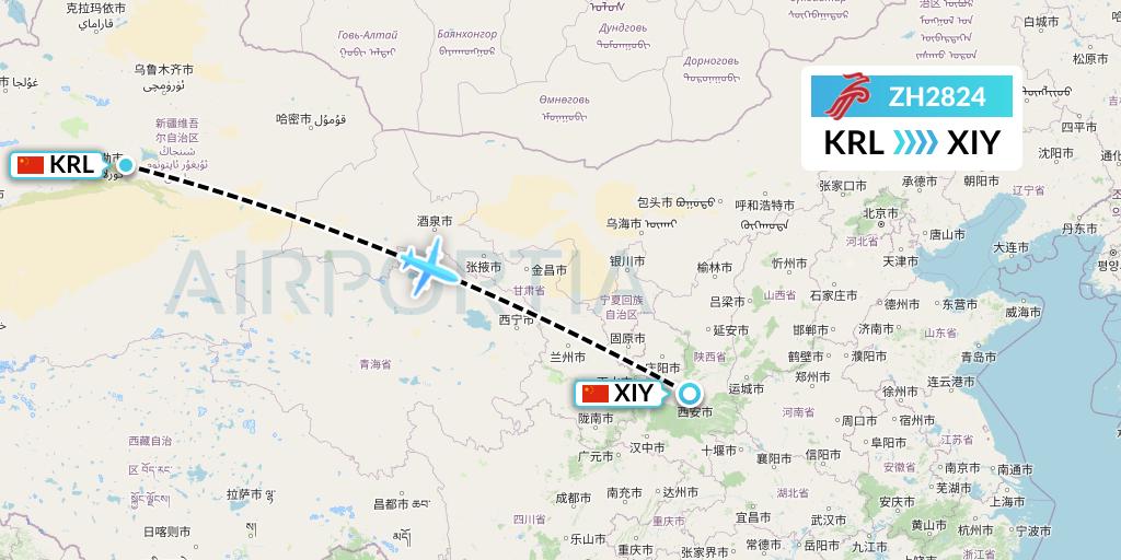 ZH2824 Shenzhen Airlines Flight Map: Korla to Xi'an