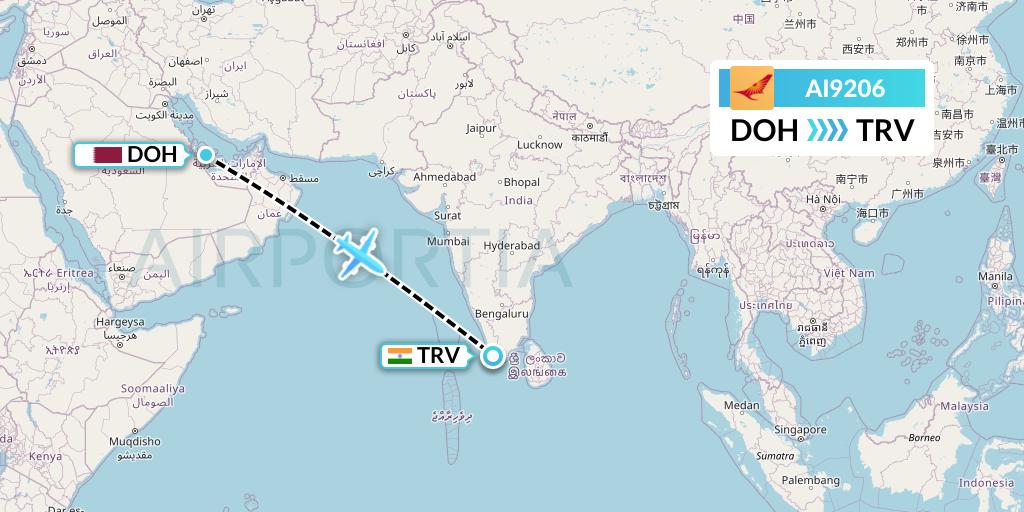 AI9206 Air India Flight Map: Doha to Thiruvananthapuram