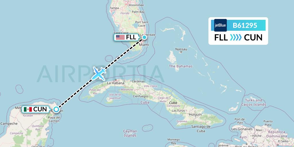 B61295 JetBlue Airways Flight Map: Fort Lauderdale to Cancun