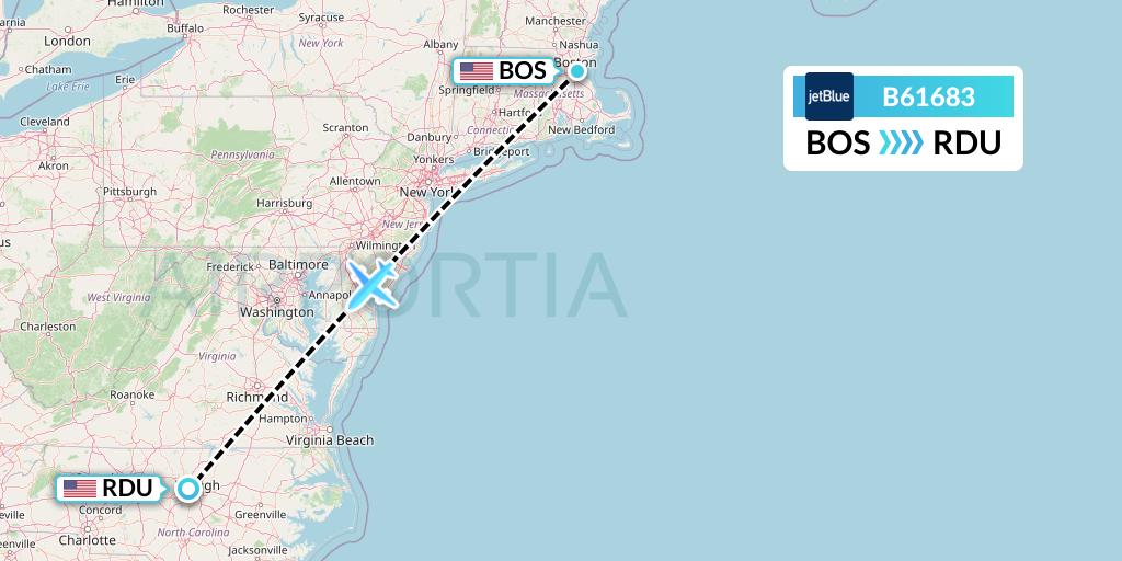 B61683 JetBlue Airways Flight Map: Boston to Raleigh-Durham
