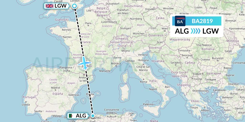 BA2819 British Airways Flight Map: Algiers to London
