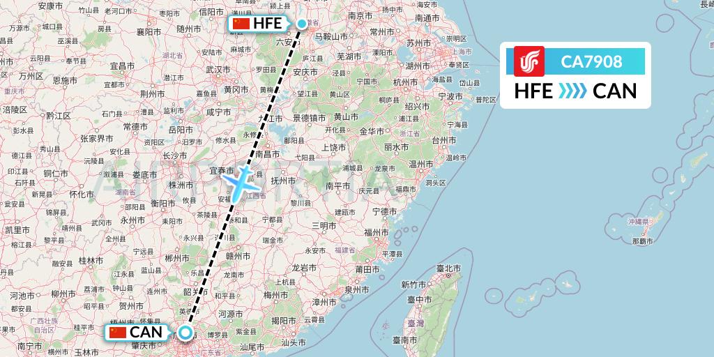 CA7908 Air China Flight Map: Hefei to Guangzhou