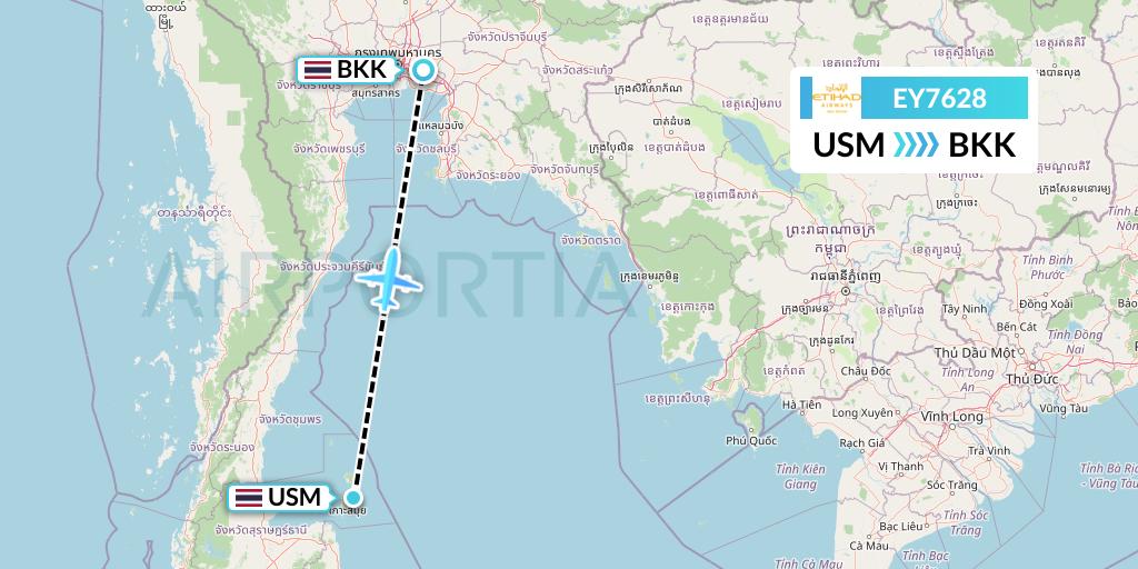 EY7628 Etihad Airways Flight Map: Koh Samui to Bangkok