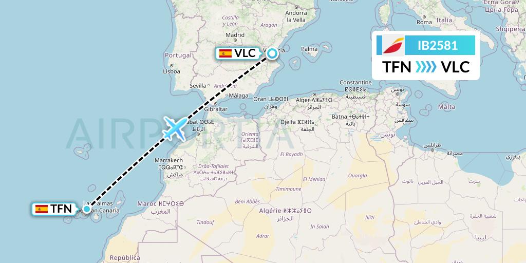IB2581 Iberia Flight Map: Tenerife to Valencia