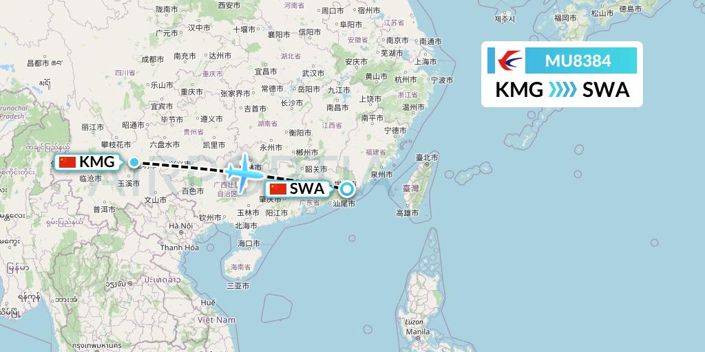 MU8384 China Eastern Airlines Flight Map: Kunming to Jieyang