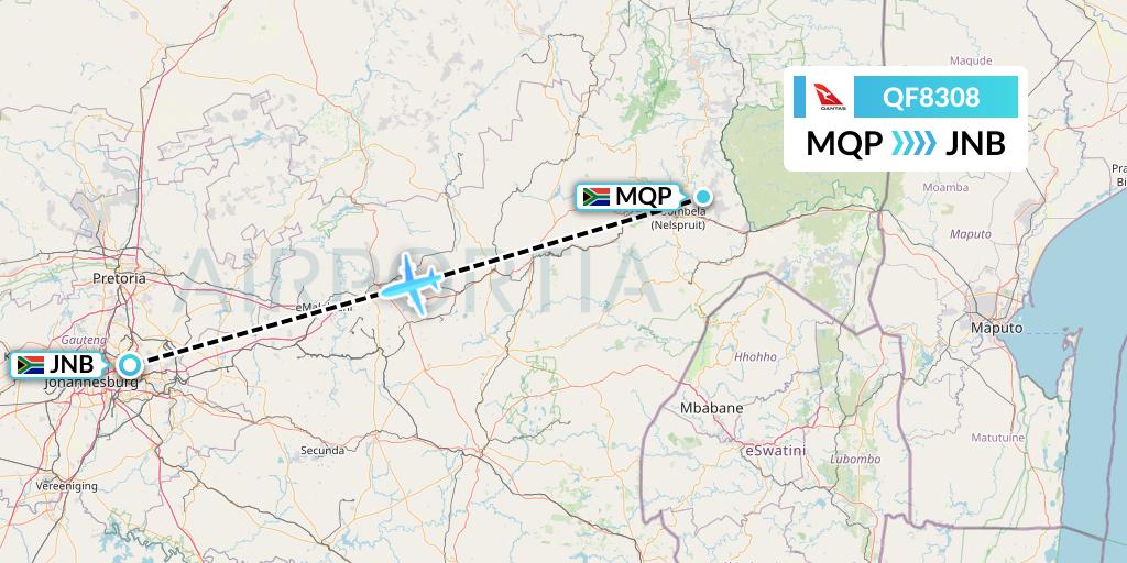 QF8308 Qantas Flight Map: Nelspruit to Johannesburg