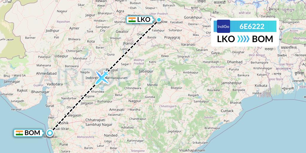 6E6222 IndiGo Airlines Flight Map: Lucknow to Mumbai