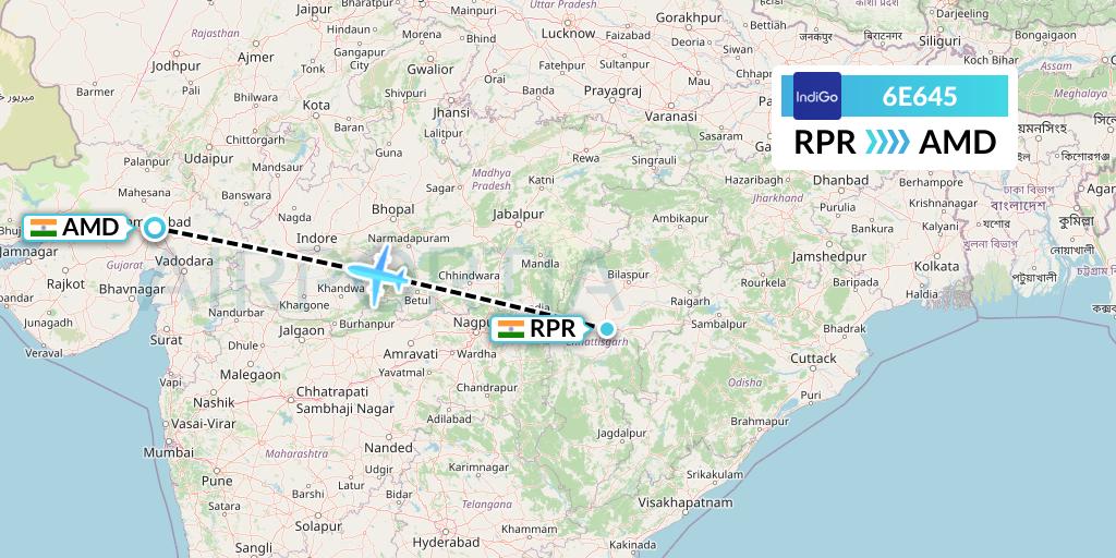 6E645 IndiGo Airlines Flight Map: Raipur to Ahmedabad
