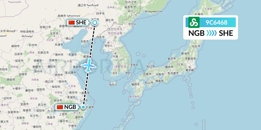 9C6468 Spring Airlines Flight Map: Ningbo to Shenyang