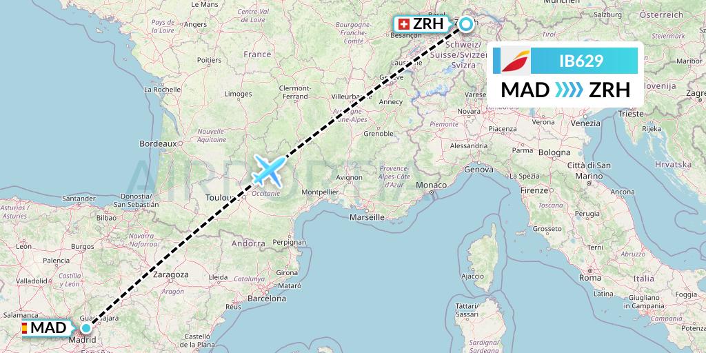 IB629 Iberia Flight Map: Madrid to Zurich