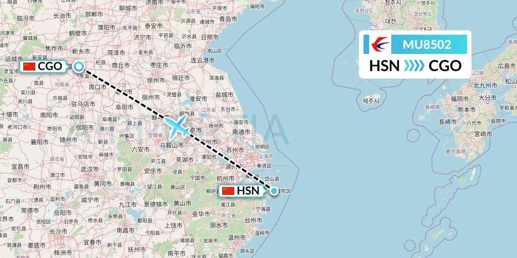 MU8502 China Eastern Airlines Flight Map: Zhoushan to Zhengzhou