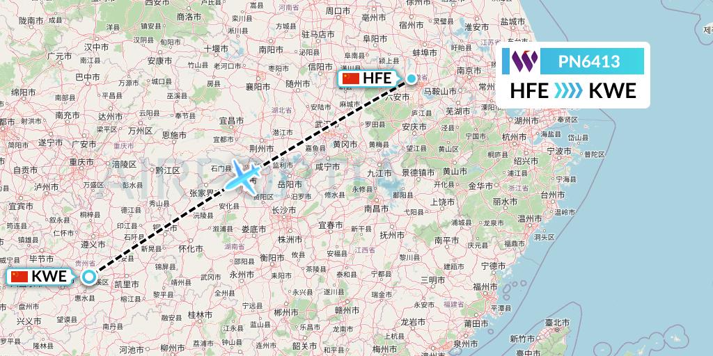 PN6413 China West Air Flight Map: Hefei to Guiyang
