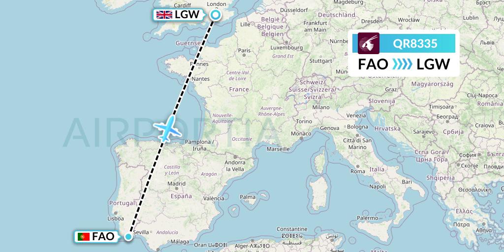 QR8335 Qatar Airways Flight Map: Faro to London