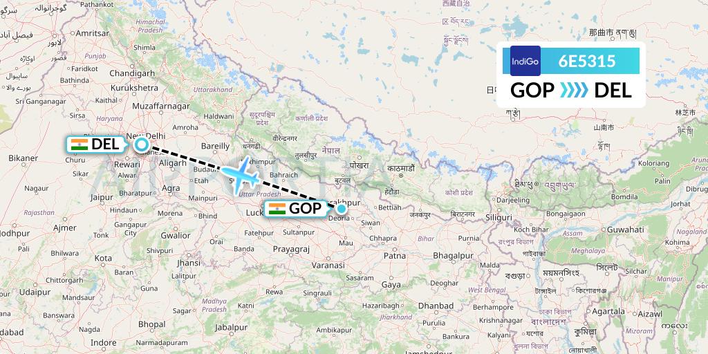 6E5315 IndiGo Airlines Flight Map: Gorakhpur to Delhi