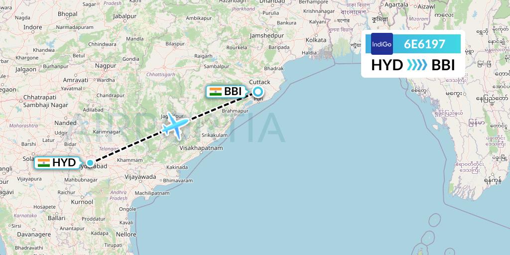 6E6197 IndiGo Airlines Flight Map: Hyderabad to Bhubaneswar