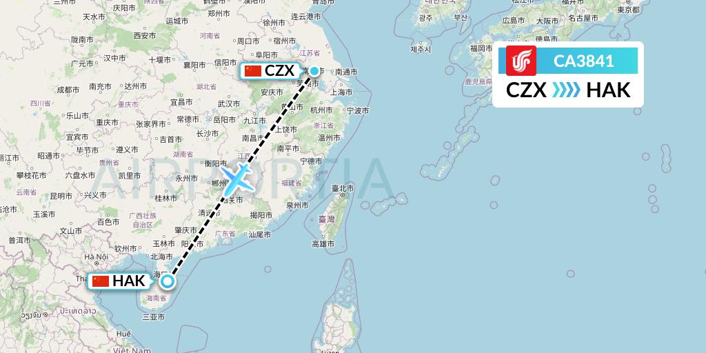 CA3841 Air China Flight Map: Changzhou to Haikou
