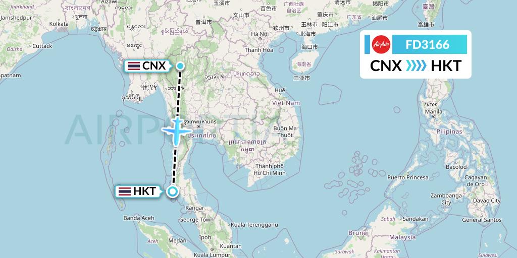 FD3166 Thai AirAsia Flight Map: Chiang Mai to Phuket