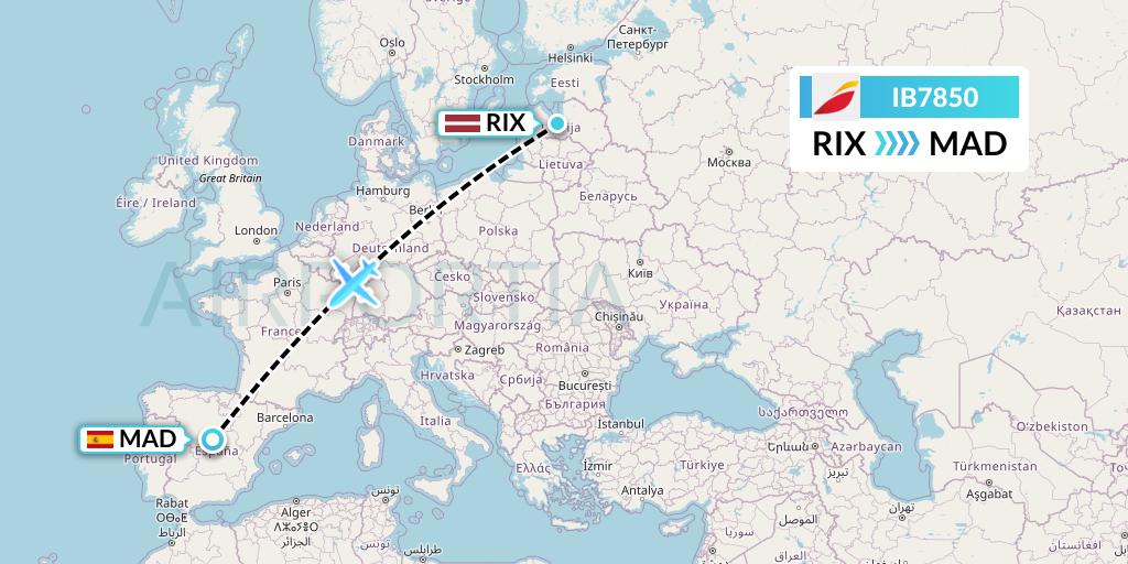 IB7850 Iberia Flight Map: Riga to Madrid