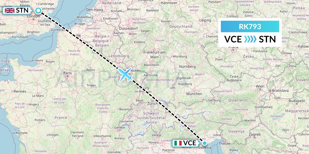 RK793 Ryanair UK Flight Map: Venice to London