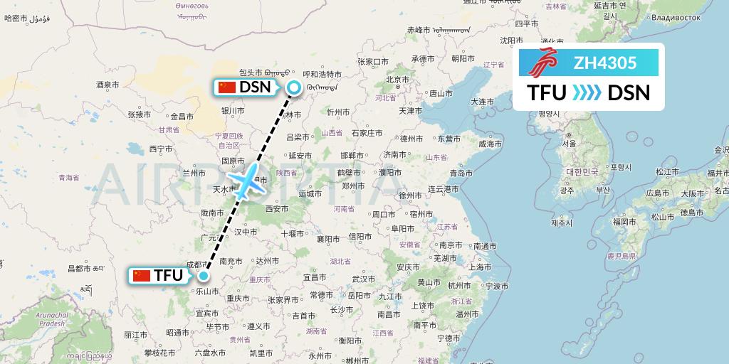 ZH4305 Shenzhen Airlines Flight Map: Chengdu to Dongsheng
