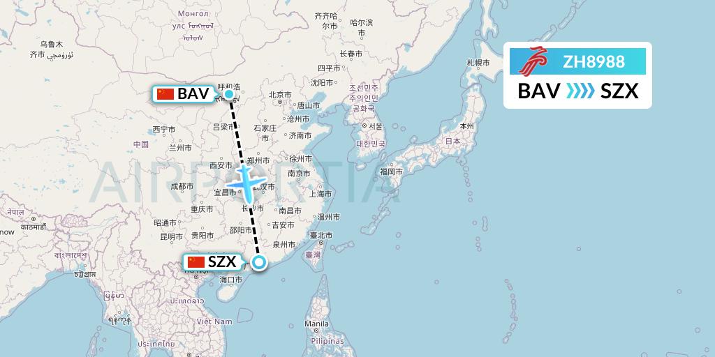 ZH8988 Shenzhen Airlines Flight Map: Baotou to Shenzhen