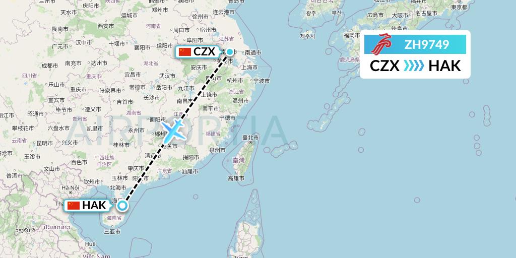 ZH9749 Shenzhen Airlines Flight Map: Changzhou to Haikou