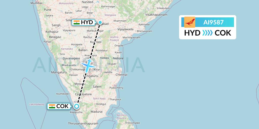 AI9587 Air India Flight Map: Hyderabad to Cochin