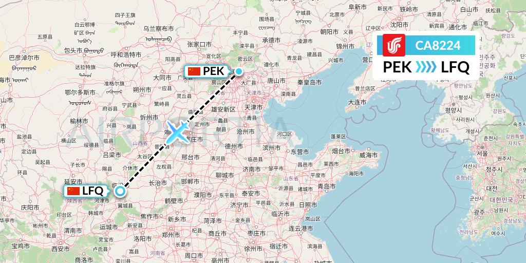 CA8224 Air China Flight Map: Beijing to Yulin