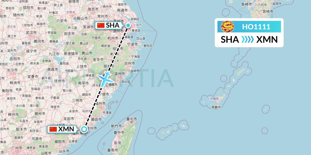 HO1111 Juneyao Airlines Flight Map: Shanghai to Xiamen