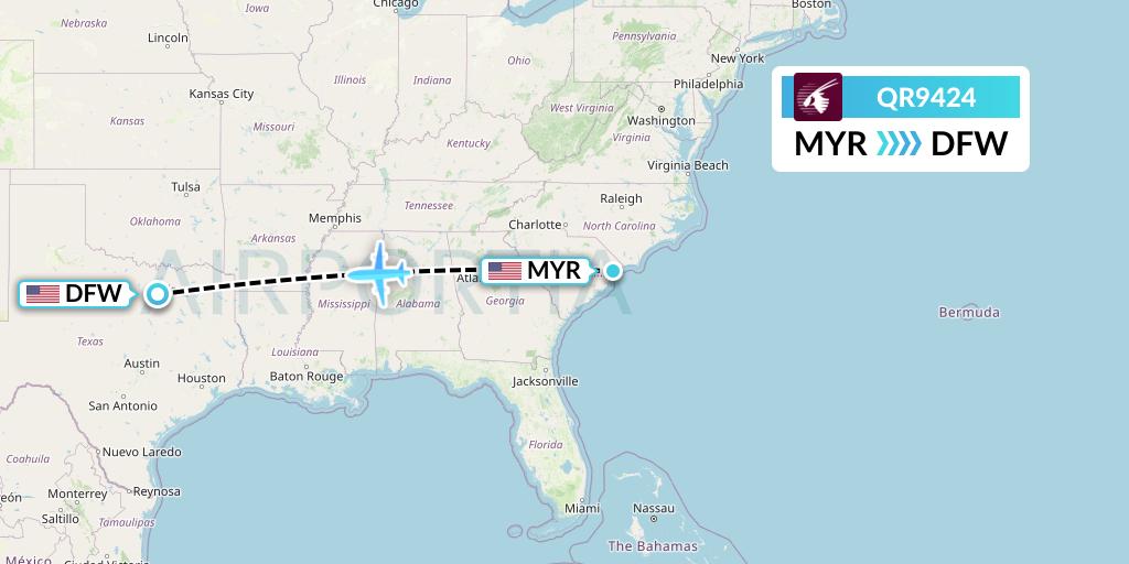 QR9424 Qatar Airways Flight Map: Myrtle Beach to Dallas