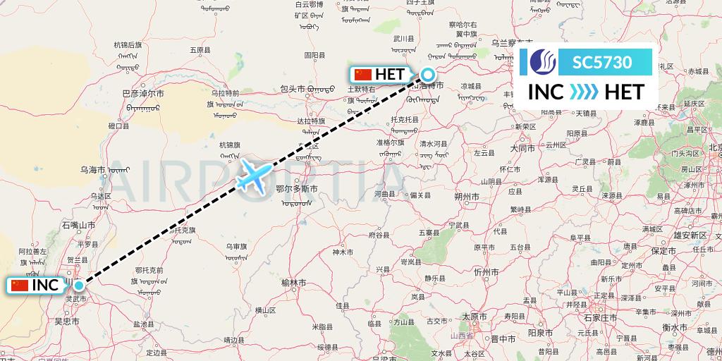 SC5730 Shandong Airlines Flight Map: Yinchuan to Hohhot