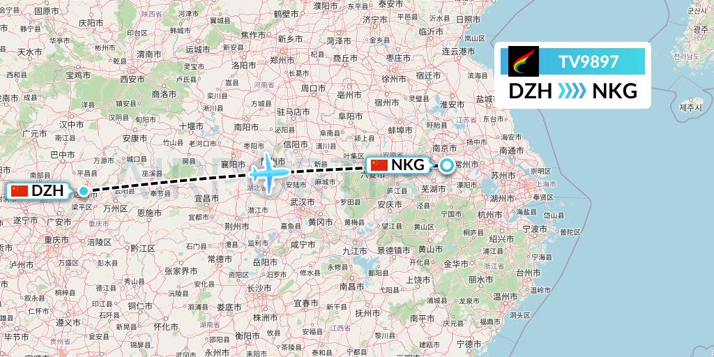 TV9897 Tibet Airlines Flight Map: Dazhou to Nanjing