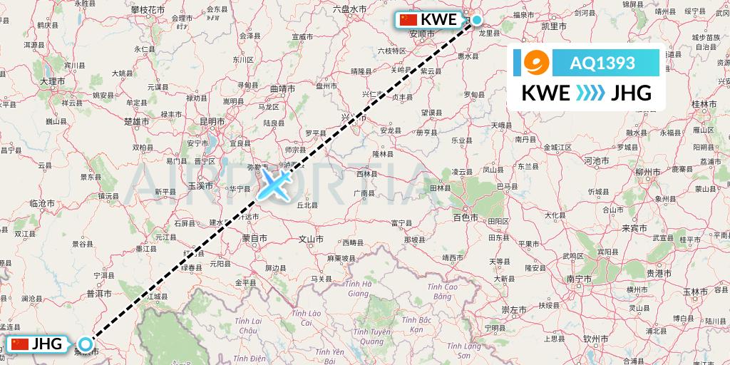 AQ1393 9 Air Flight Map: Guiyang to Jinghong