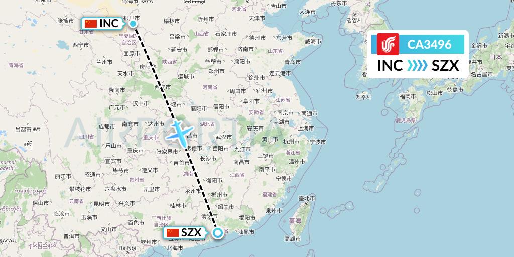 CA3496 Air China Flight Map: Yinchuan to Shenzhen