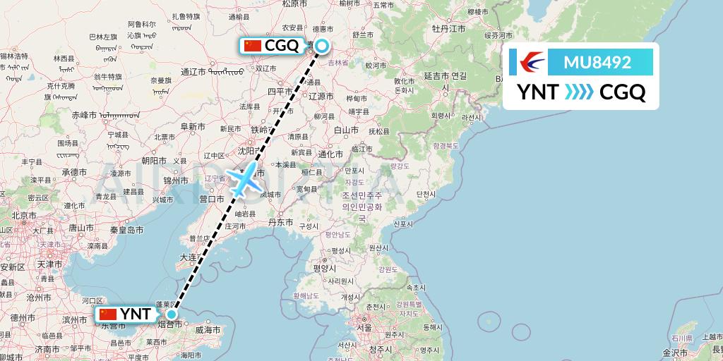 MU8492 China Eastern Airlines Flight Map: Yantai to Changchun