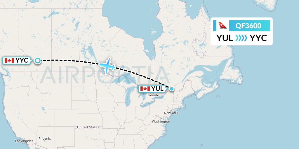 QF3600 Qantas Flight Map: Montreal to Calgary
