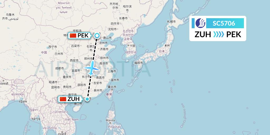 SC5706 Shandong Airlines Flight Map: Zhuhai to Beijing