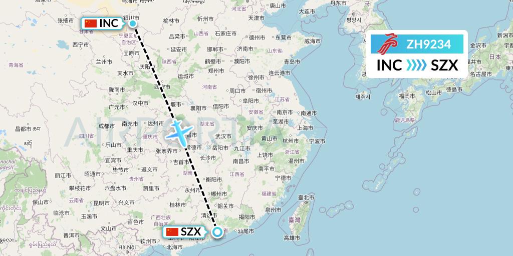 ZH9234 Shenzhen Airlines Flight Map: Yinchuan to Shenzhen