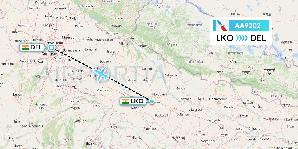 AA9202 American Airlines Flight Map: Lucknow to Delhi