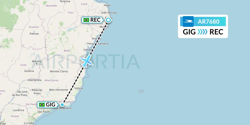 AR7680 Aerolineas Argentinas Flight Map: Rio de Janeiro to Recife